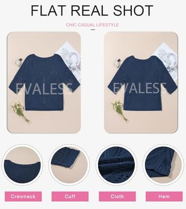 EVALESS Womens Fashion 2025 Ladies Tops Spring Scoop Neck 3/4 Short Sleeve Crochet Tops Lightweight Sweaters Work Business Oversized Shirts Swimsuit Coverup for Women Summer Outfits, Blue X-Large - Image 6