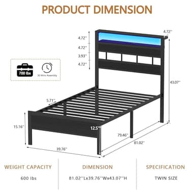 Furnulem Twin Bed Frames with Charging Station and LED Lights, Twin Size Platform Bed with Metal Slats, Wood Headboard with 2-Tier Storage Shelves, No Box Spring Needed, Black Oak - Image 8