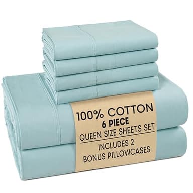 Casa Platino 100% Cotton Sheets Queen Size Set - 6 Pieces (1 Flat, 1 Fitted, 4 Pillowcases) - Soft & Breathable Percale Weave - Cooling Bed Sheets with Deep Pocket - Durable Queen Sheet Set - Blue Sky - Image 1