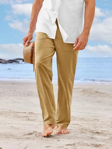 PASLTER Mens CasualCotton Pants Loose Fit Straight-Legs Elastic Drawstring Waist Summer Beach Long Pant - Image 2