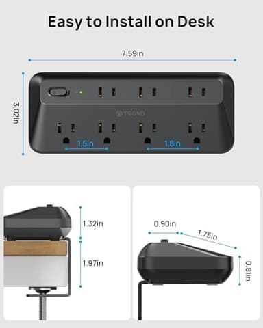 TROND Desk Clamp Power Strip - 1700J Surge Protector with 7 Outlets, Desktop Edge Mount Extension Cord, Fit 1.97" Tabletop, 6FT Flat Plug for Teacher Must Haves, Office, ETL List, Black - Image 6