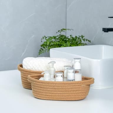 CubesLand Small Cotton Rope Storage Basket Set 5, Shelves Baskets for Organizing with Handle, Decorative Closet Storage Bins for Countertop Toilet Paper Basket for Toilet Tank Top,Brown Basket - Image 2