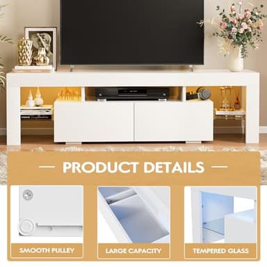 JUMMICO TV Stand with LED Lights, Modern Entertainment Center Media and Open Shelf Console Table Storage Desk with 1 Drawer and Remote Control 20 Color LED Lights up to 70 Inch TV (White) - Image 6