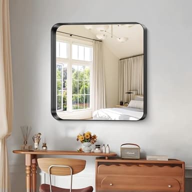 CIRCUMI Black Bathroom Mirror, 30"x30" Rectangular Mirror with Deep Metal Frame, Rounded Corner, Tempered Glass, Square Mirror for Wall, Oversink, Bedroom, Living Room, Vanity, Entryway, Crystal-Clear - Image 7