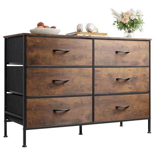 WLIVE Dresser for Bedroom with 6 Drawers, Wide Fabric Dresser TV Stand for 50 Inches TV, with Metal Frame, Wooden Top, Fabric Storage Dressers for Bedroom, Hallway, Entryway, Rustic Brown - Image 1