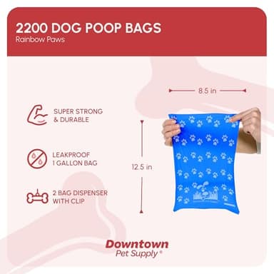 Downtown Pet Supply Rainbow Paw Print Poop Bags (2200 CT & 2 Dispensers) - Leak-Proof, Unscented, Clips to Leashes & Harnesses - Image 2