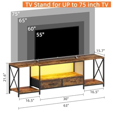 LED TV Stand for 75 70 Inch TV with Fabric Drawers LED Entertainment Center Television Stands with Storage Shelves for Living Room, Bedroom, TV Console Table 63" Rustic Brown - Image 3