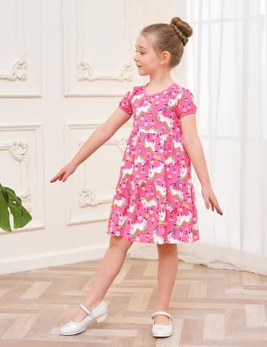 Little Girl Summer Dress Clothes Unicorn Easter Rainbow Short Sleeve Casual Twirly Tiered Swing Smocking Dresses Playwear Sundress Clothing Outfits Pink Horses 6-7 Years - Image 4
