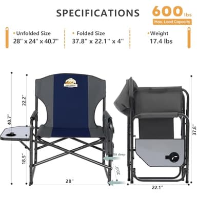 Colegence Oversized Directors Camping Chair Support 600 LBS, Heavy Duty Folding Outdoor Chairs with Detachable Side Pocket and Adjustable Side Table for Outside Beach,Lawn,Fishing (Blue) - Image 2