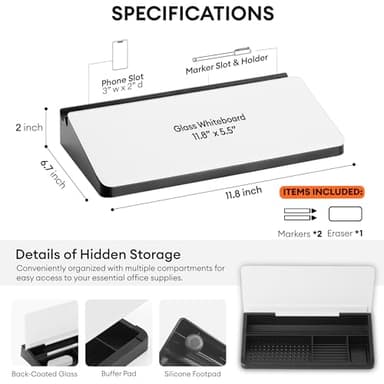 Aroundesk Glass Desktop Whiteboard with Storage 12"x6.5", Glass Whiteboard Desk Dry Erase Board w. 2 Markers,1 Eraser Monitor Mono Board, Office Desk Accessories, Work from Home Essentials - Image 5