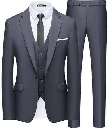 WULFUL Men’s Slim Fit Suit One Button 3-Piece Blazer Dress Business Wedding Party Jacket Vest & Pant - Image 1