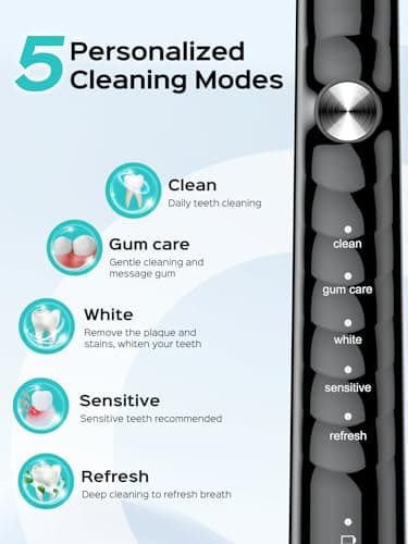 COSLUS Sonic Electric Toothbrush for Adults: 47000 VPM for Deep Cleaning & Whitening with Travel Case - 5 Modes for Sensitive Teeth & Braces, Wireless Charging, 6 Brush Heads for Home Family, Black - Image 7