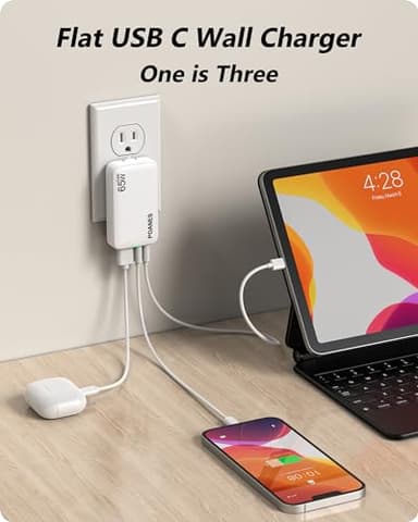 65W GaN USB C Charger, 3 Port Flat USB Wall Charger with USB C and A, Ultra-Slim GaN PD3.0&PPS Adapter, Foldable Plug for Travel for MacBook, Laptops, Tablets, iPhone 15, Samsung(White-65W) - Image 3