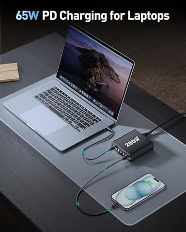 280W USB C Charger Block, 8-Port USB C Charging Station GaN III PD 65W Laptop Charger Adapter Compatible with MacBookPro/Air,DELL,iPad,Portable Charging Station for iPhone,Samsung Galaxy (Black) - Image 4
