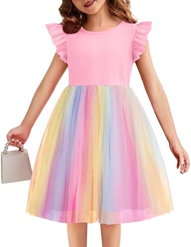 Flypigs Toddler Tutu Dress Girls Fluffy Summer Dresses Cute Pink Rainbow Flower Valentine Pageant Dress for 4Years - Image 1