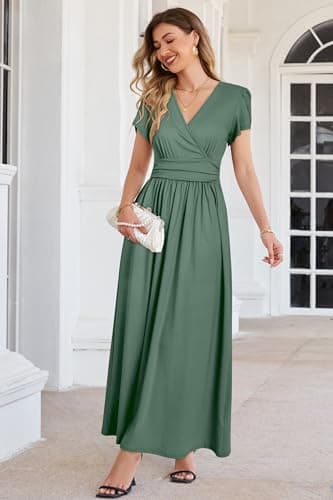 OUGES Short Sleeve Summer Maternity Maxi Dresses for Women 2025 Wrap V Neck Wedding Guest Dress Casual Spring Long Dress(Gray Green,M) - Image 3