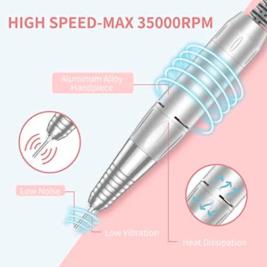 Portable Nail Drill Professional 35000 RPM, MOCOWIND Rechargeable Electric Nail File Machine E File for Acrylic Gel Polishing Removing, Cordless E-File with Bits Kit for Manicure Salon Home, Pink - Image 4