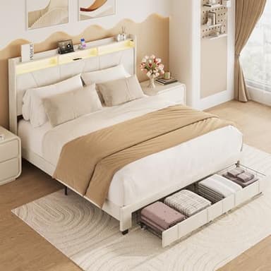 BedsPick Queen Size Bed Frame with LED Lights, Velvet Upholstered Platform Queen Bed Frame with 2 Storage Drawers and Adjustable Headboard, No Box Spring Needed Queen Bedframe (Beige, Queen) - Image 3