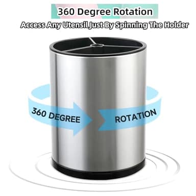 LIBODOUR Kitchen Utensil Holder Extra Large 360°Rotating For Counter Organizer Stainless Steel Storage Cooking Silverware Caddy 3 Compartment Flatware Spoon Spatula Tool Cutlery Container（Silvery） - Image 4