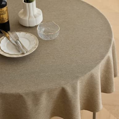 Decorelia Waterproof Faux Linen Farmhouse Round Table Cloth for Indoor/Outdoor, Decorative Rustic Fabric Tablecloth Cover for Party Picnic Dining & Kitchen Table (60 Inch, Round (2-4 Seats), Natural) - Image 2
