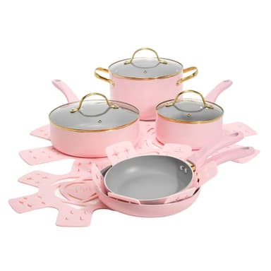 Paris Hilton Epic Nonstick Pots and Pans Set, Multi-layer Nonstick Coating, Tempered Glass Lids, Soft Touch, Stay Cool Handles, Made without PFOA, Dishwasher Safe Cookware Set, 12-Piece, Pink - Image 1