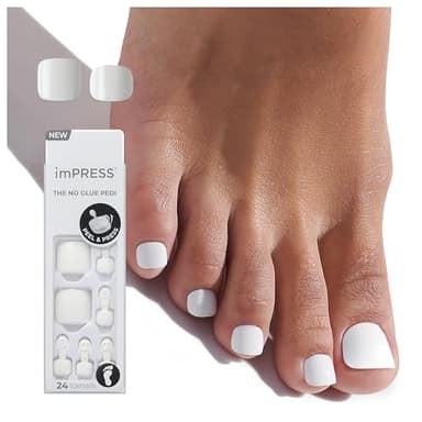 KISS imPRESS Pedicure Press On Toenails, 'Angel Vibes', White, Short Squoval, Pedicure Nail Kit Includes 24 Press On Toenails, Prep Pad, Mini Nail File, & Pedicure Stick - Image 1