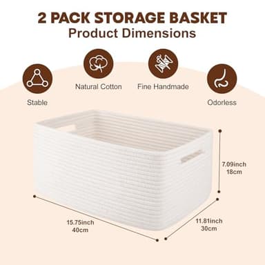 OIAHOMY Storage Basket for Shelves, Closet Cube Storage Bins Baskets for Clothes Blanket Towels, Baby Nursery, Toy Baskets Box, Woven Rope Basket, 15.75*11.81*7.09 IN, 2 Packs White - Image 2