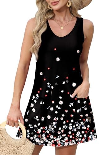 OFEEFAN Black Dresses for Women Loose V Neck Swing Tank Casual Sundresses Boho Hawaiian Floral 28 L - Image 2