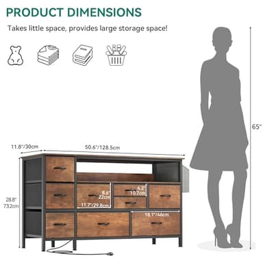 YITAHOME Dresser TV Stand with Power Outlet for 55'' TV, 9 Drawer Dresser for Bedroom, Media TV Console Table with Side Pockets & Hooks, Fabric Dresser Chest of Drawers for Bedroom, Living Room - Image 3