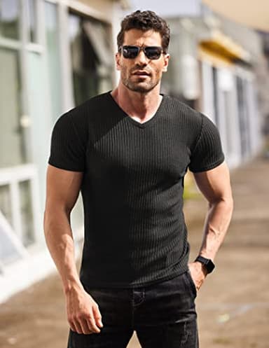 COOFANDY Men's Muscle T Shirts Stretch Short Sleeve V Neck Bodybuilding Workout Tee Shirts - Image 2