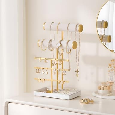 Lolalet Bracelet Display Stand Necklaces Holder, 5 Tiers Jewelry Organizer and Storage Rack with Velvet Slot and Metal Base, for Women Bangles Watches Ring Earrings -White - Image 2