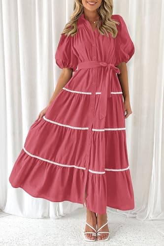 PRETTYGARDEN Women's Summer Button Down Shirt Dress Short Puffy Sleeve Tiered Ruffle Flowy Long Maxi Dresses (Dusty Pink,Medium) - Image 6