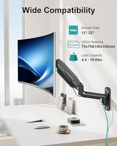 MOUNT PRO Single Monitor Wall Mount for 13 to 32 Inch Computer Screens, Gas Spring Monitor Arm Holds Up to 17.6lbs, Full Motion Adjustable Wall Bracket, VESA Mount 75x75, 100x100, Black - Image 3