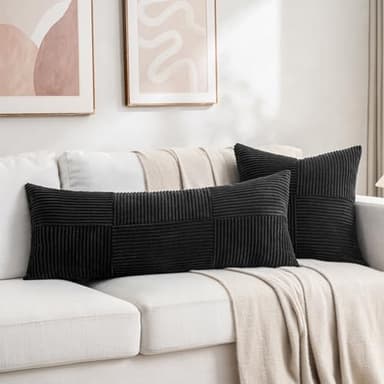 Fancy Homi Set of 2 Black Boho Long Lumbar Body Decorative Throw Pillow Cover 14x36 Inch for Bed Couch Bedroom Bench, Soft Patchwork Corduroy Textured Pillow Case, Rustic Farmhouse Room Décor - Image 5