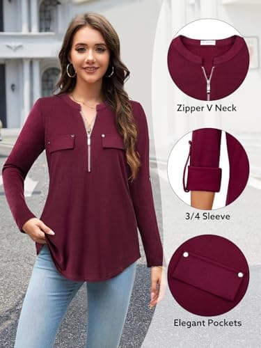 Bulotus Women's 3/4 Sleeve Tops Zip Front Casual Shirt Fall Top for Leggings Blouses for Women Business Casual, Burgundy, X-Large - Image 5
