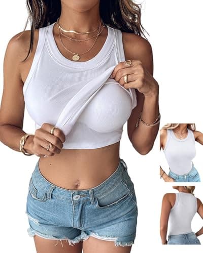 CHICME Women Built-in Bra Tank Tops Sleeveless Casual Shirts Racerback Ribbed Tank Tops White-L - Image 1