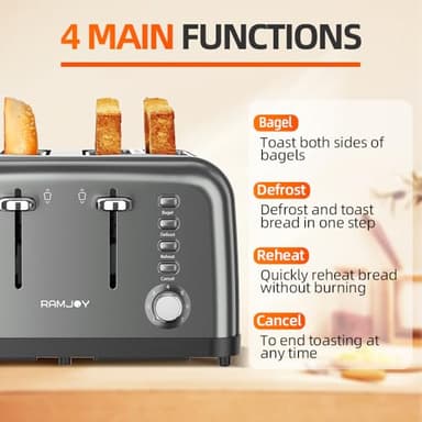 RAMJOY Grey Toaster 4 Slice, Dual Independent Controls, Extra Wide Slot Toasters for Bagel, Bread, Waffles, 7 Shade Settings, 4 Main Functions, Removable Crumb Tray, 1500 Watts, Grey Stainless Steel - Image 5