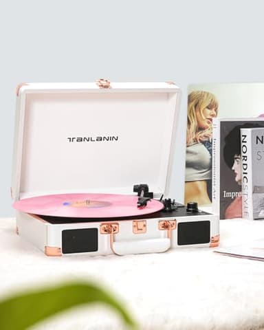 Vinyl Record Player Bluetooth Vintage 3-Speed Portable Suitcase Turntables with Built-in Speakers, Belt-Driven LP Player Support USB Recording AUX-in RCA Line Out Headphone Jack, White - Image 7