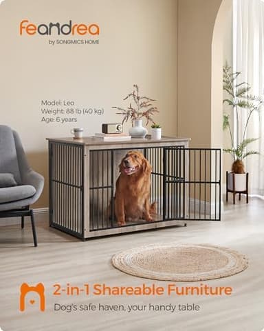 Feandrea 43.3" Dog Crate Furniture, Heavy-Duty Dog Cage Side End Table, XL Pet Wood Kennel for Large and Medium Dogs up to 80 lb with Enclosed Base, Double-Door Pet House, Greige - Image 4