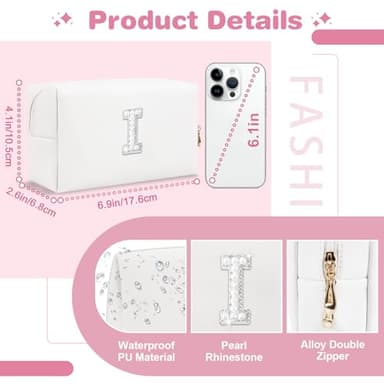 Bride Gifts – Personalized Initial Makeup Bag with Pearl Rhinestone Patch, Preppy White Monogram Cosmetic/Toiletry Pouch, bridesmaid Gifts, Bridal Shower Gifts, Wedding Gifts, Bridal Gifts,I - Image 2
