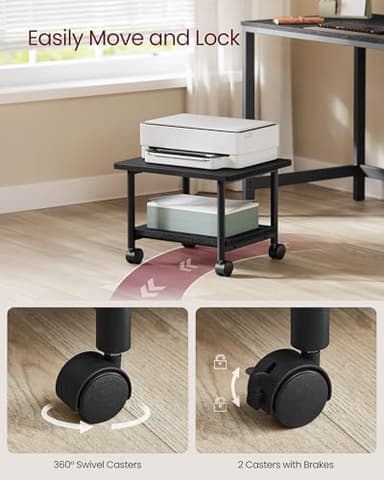 VASAGLE Heavy-Duty Printer Stand with Locking Wheels, 2-Tier Industrial Mobile Cart with Storage Shelf, Under Desk Printer Table for Home, Office, 13.4" Height, Ebony Black UOPS02B - Image 5