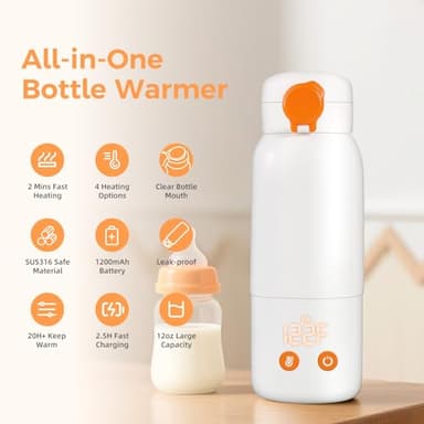 Portable Bottle Warmer for Travel, 12oz Large Capacity Fast Heating Breast Milk, Water & Formula On The Go Baby Bottle Warmer Accurate Temp Control with 4 Levels Long Battery Life for Car & Airplane - Image 2