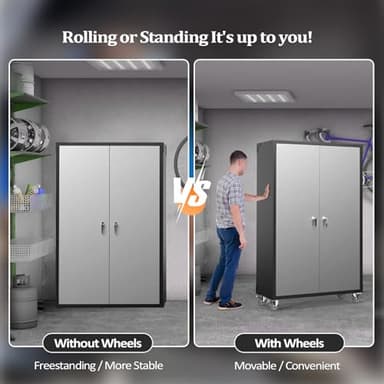 VINGLI Upgraded Wide & Deep Garage Storage Cabinet, Metal Storage Cabinet with Pegboards, Wheels, Locking Doors and Adjustable Shelves (Black & Silver, 43''W x 20''D x 72''H) - Image 5