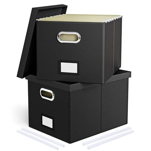 2 Pack File Storage Organizer Box, Portable Filing With Lid, Fit for Letter/Legal Folder Storage, Black (Leather) - Image 1