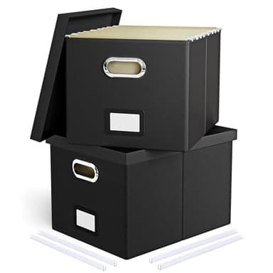 2 Pack File Storage Organizer Box, Portable Filing With Lid, Fit for Letter/Legal Folder Storage, Black (Leather) - Image 1