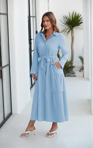 ECOWISH Women's Maxi Shirt Dress - 2024 Long Sleeve Button Casual Fall A-line Work Tiered Dresses with Belt and Pockets Blue Medium - Image 5