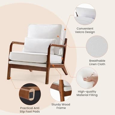 Sweetcrispy Accent Mid Century Modern Chairs with Pillow Set of 2, Upholstered Lounge Armchair, Linen Fabric Comfy Reading Chair with Wood Frame for Living Room, Bedroom, White - Image 4