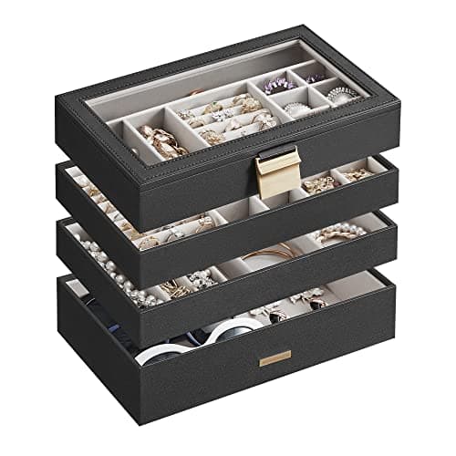 SONGMICS Stackable Jewelry Trays, 4-Tier Jewelry Box, Drawer Jewelry Organizer, with Glass Lid, Removable Dividers, for Vanity Table, 6.7 x 11 x 7.2 Inches, Gift Idea, Ink Black UJBC164B01 - Image 1