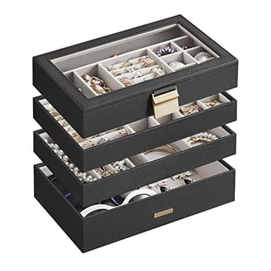 SONGMICS Stackable Jewelry Trays, 4-Tier Jewelry Box, Drawer Jewelry Organizer, with Glass Lid, Removable Dividers, for Vanity Table, 6.7 x 11 x 7.2 Inches, Gift Idea, Ink Black UJBC164B01 - Image 1