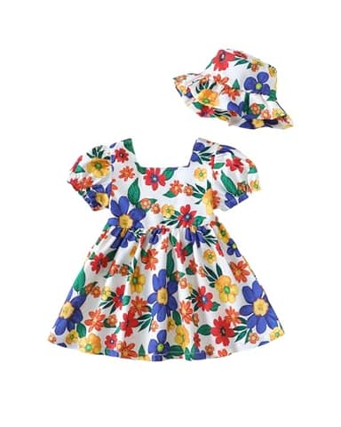 Baby Girl Clothes Summer Dress Infant Blue Floral Dressess Cute Short Sleeve Vintage Boho Beach Sundress 2 Pieces Outfit 3-6 Month Girl Clothes - Image 1